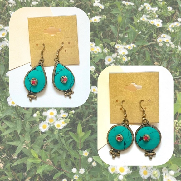 🏷️ circle boho turquoise & red dangling earrings - Picture 4 of 9